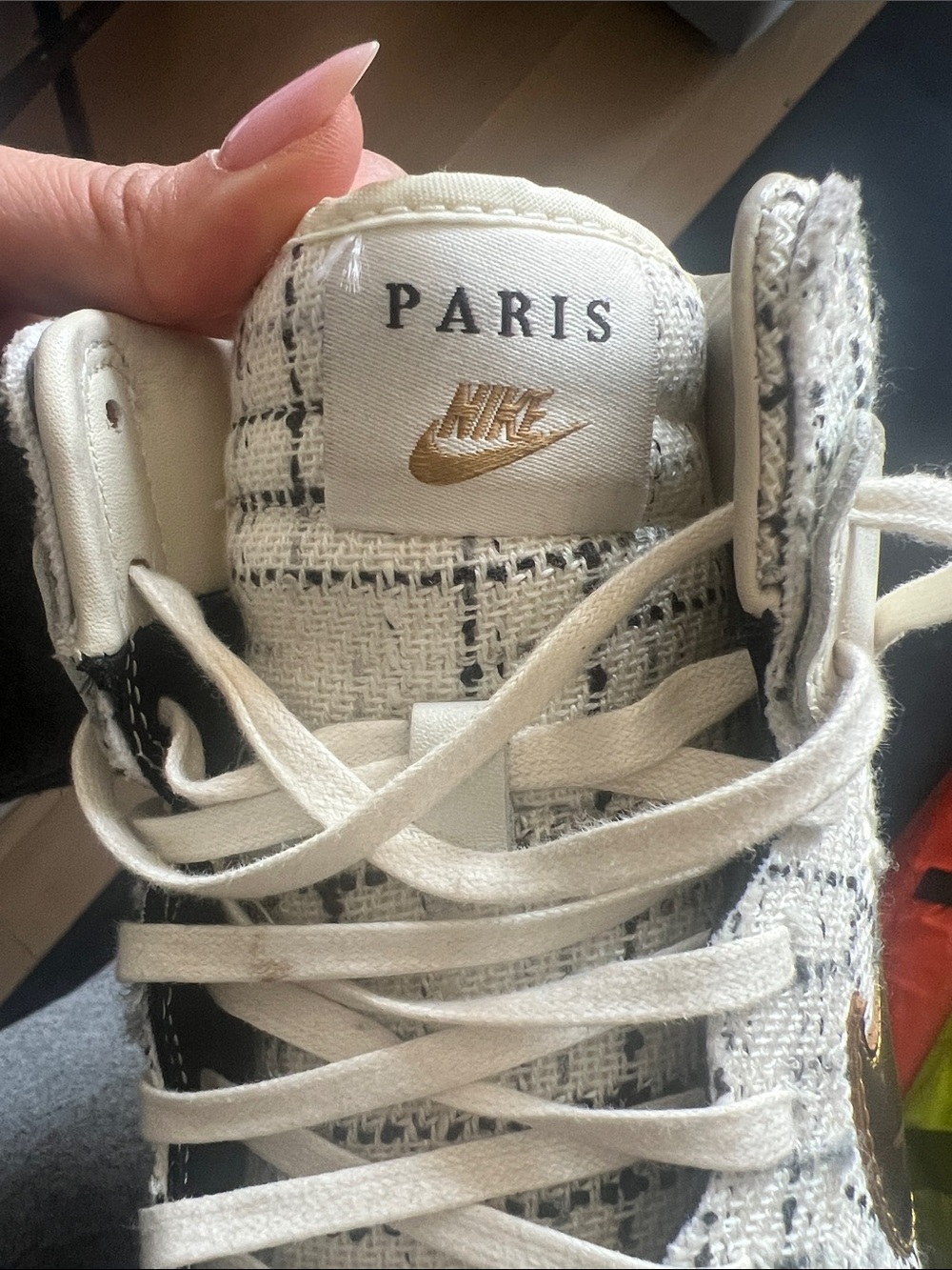 Nike Sky High Dunk- Women's White Tweed High-Top Sneakers with Gold Swoosh - Picture 5 of 6